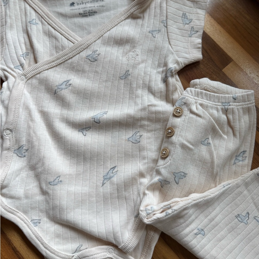 Babycottons Cream and Blue Bird Print Wrap Onesie